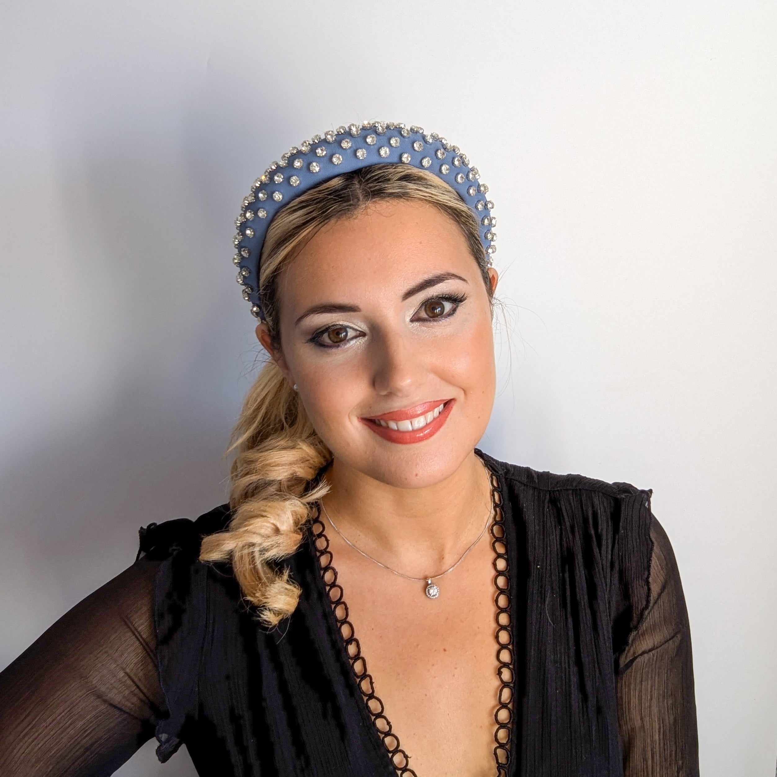 Dark dusty blue crystal padded headband fascinator