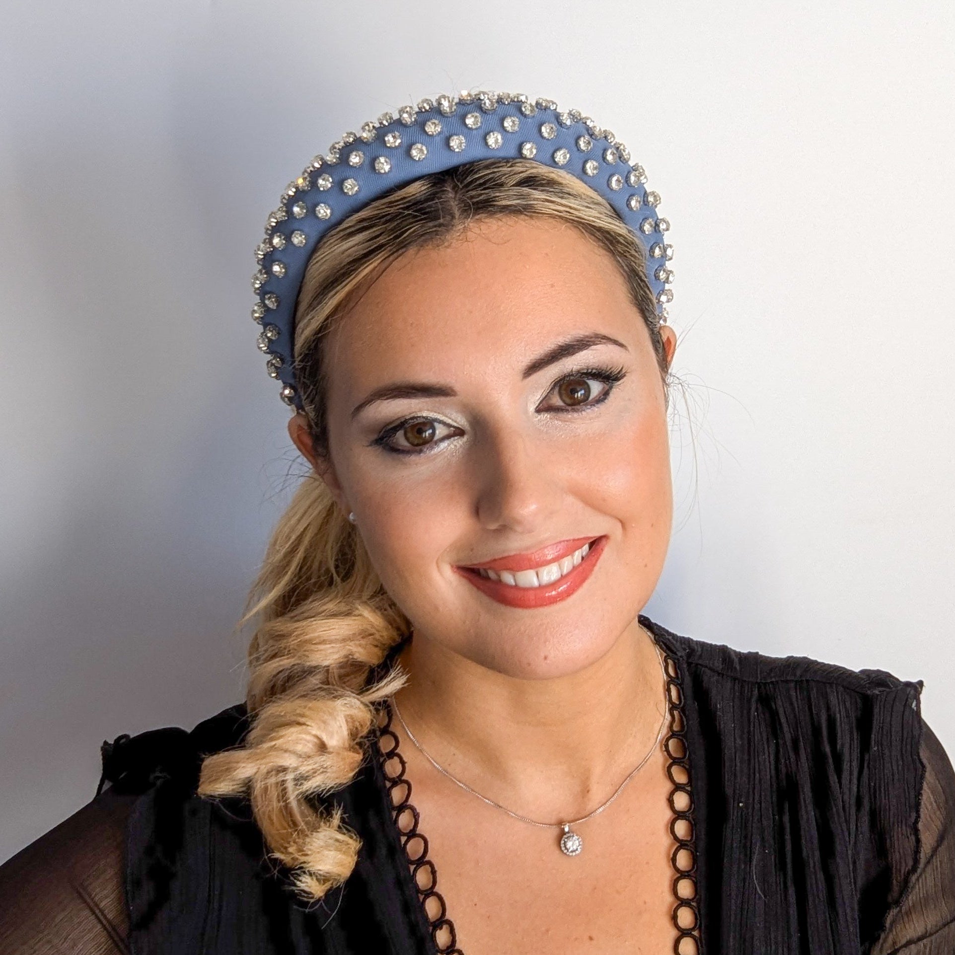 Dark dusty blue crystal padded headband fascinator