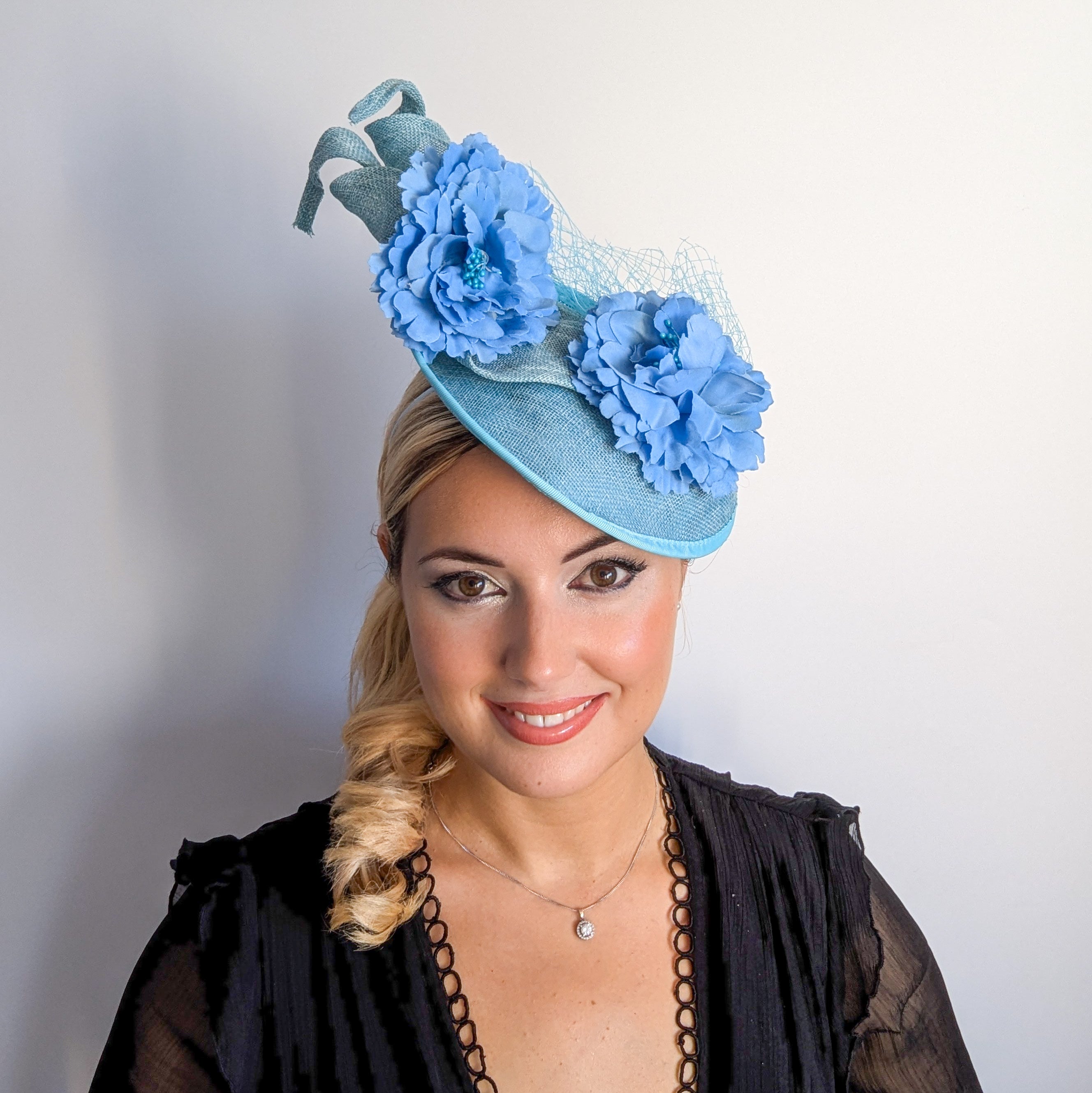 Seafoam mint green flower fascinator disc saucer hat