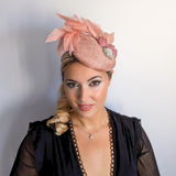 Blush pink feather pearl fascinator hat