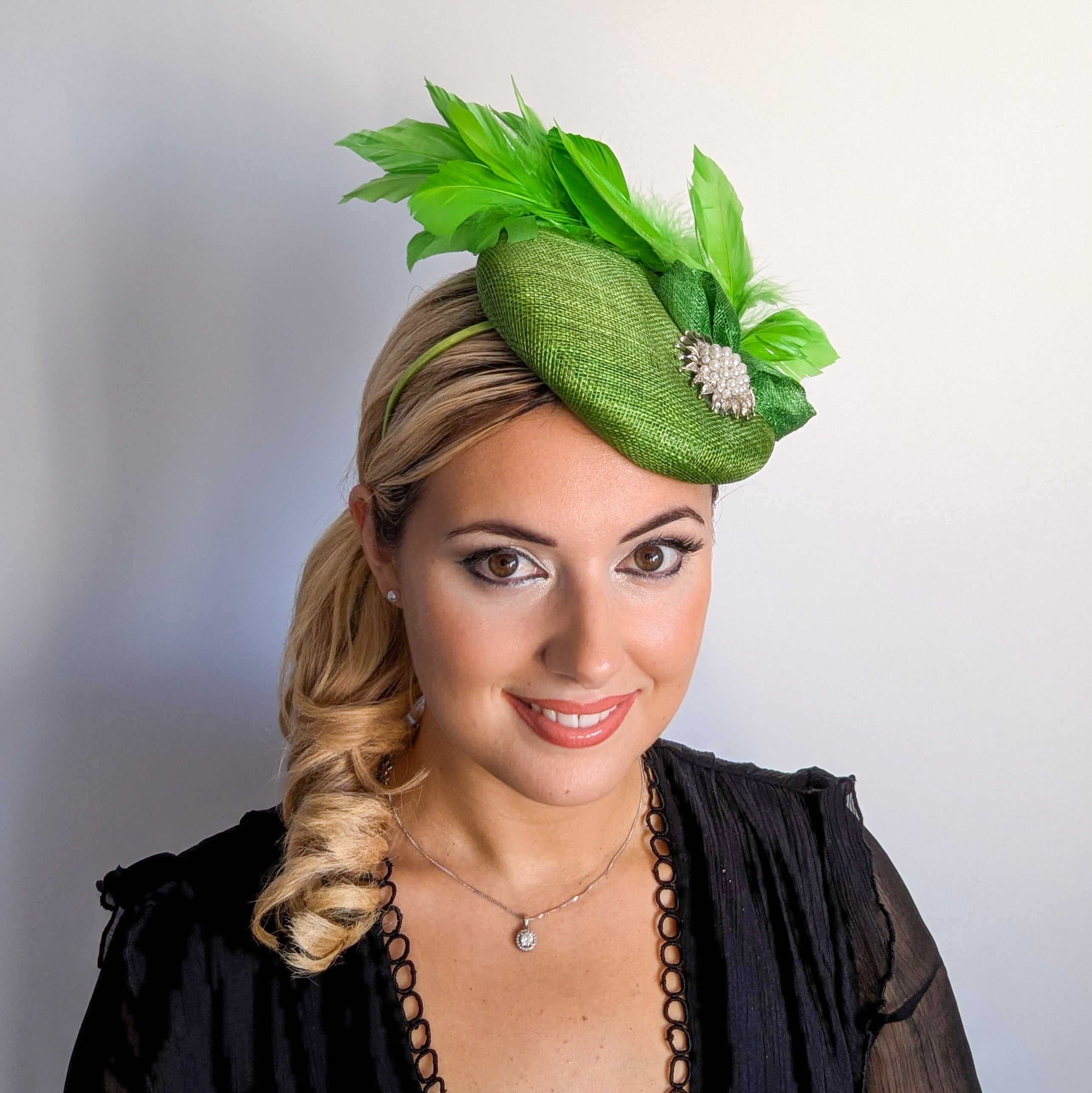 Lime green feather pearl fascinator hat