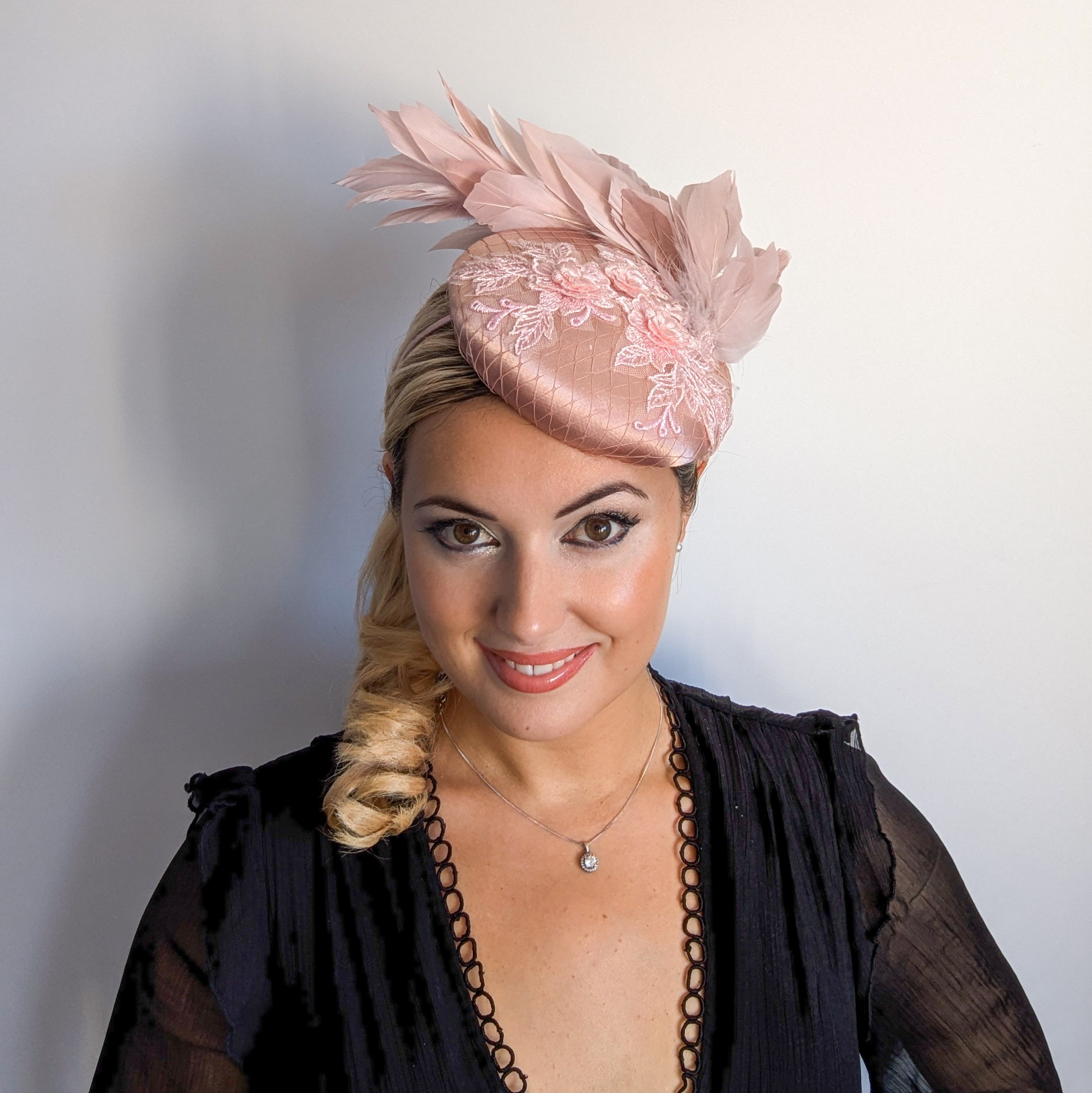 Blush pink feather lace satin fascinator hat