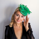 Shamrock green feather satin fascinator hat