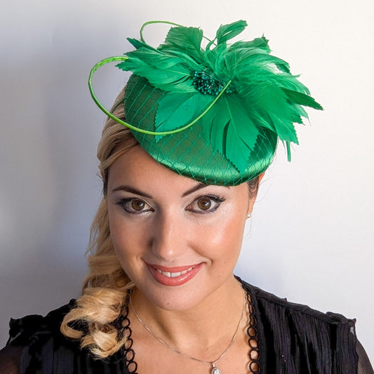 Shamrock green feather satin fascinator hat