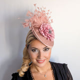 Blush pink flower feather disc saucer fascinator hat