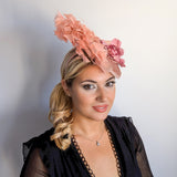 Blush pink flower feather disc saucer fascinator hat