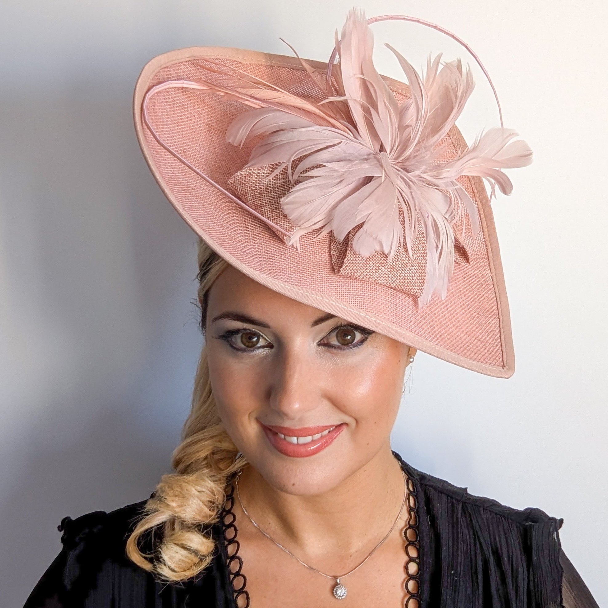 Blush pink large teardrop feather fascinator hat