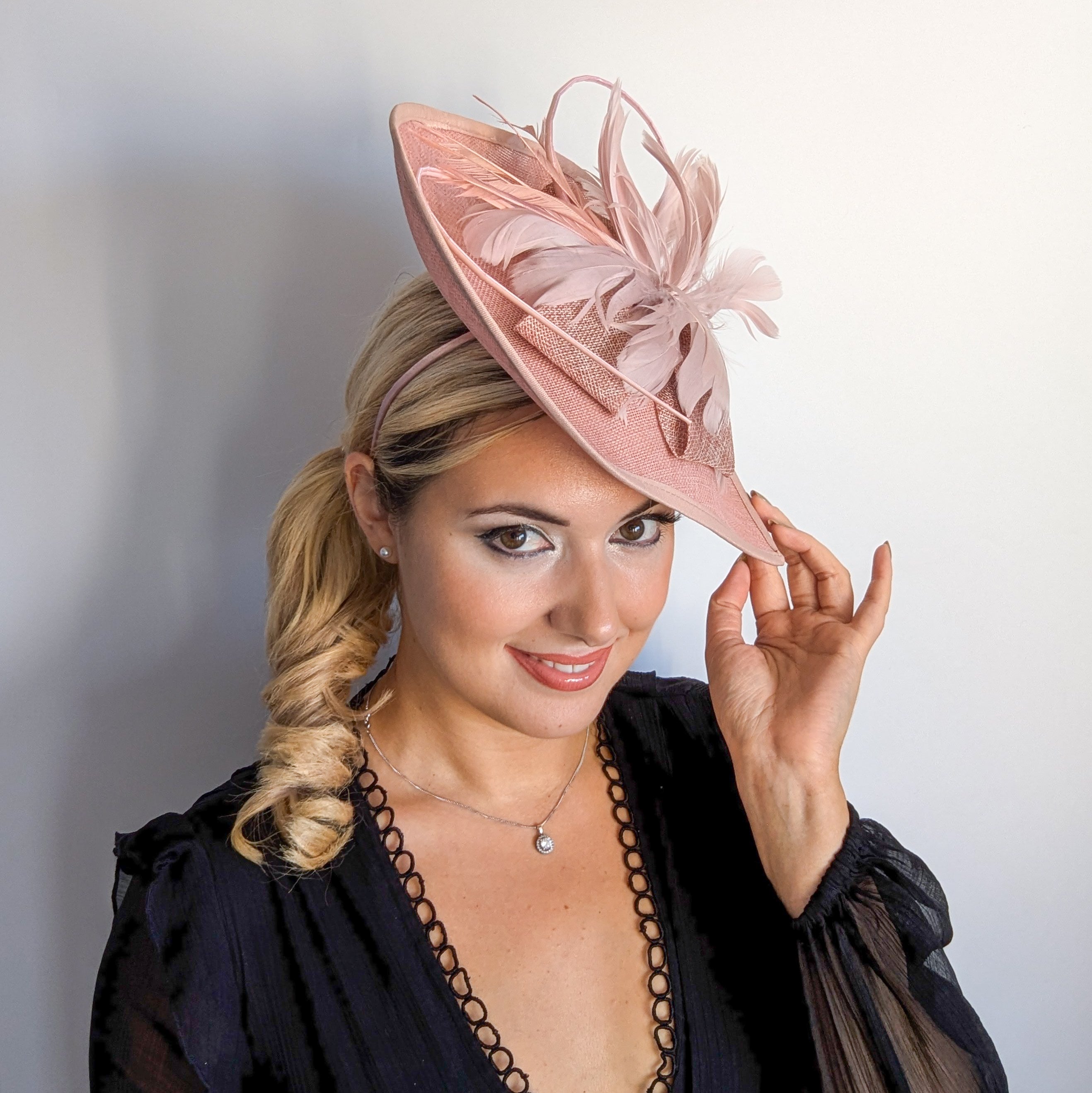 Blush pink large teardrop feather fascinator hat