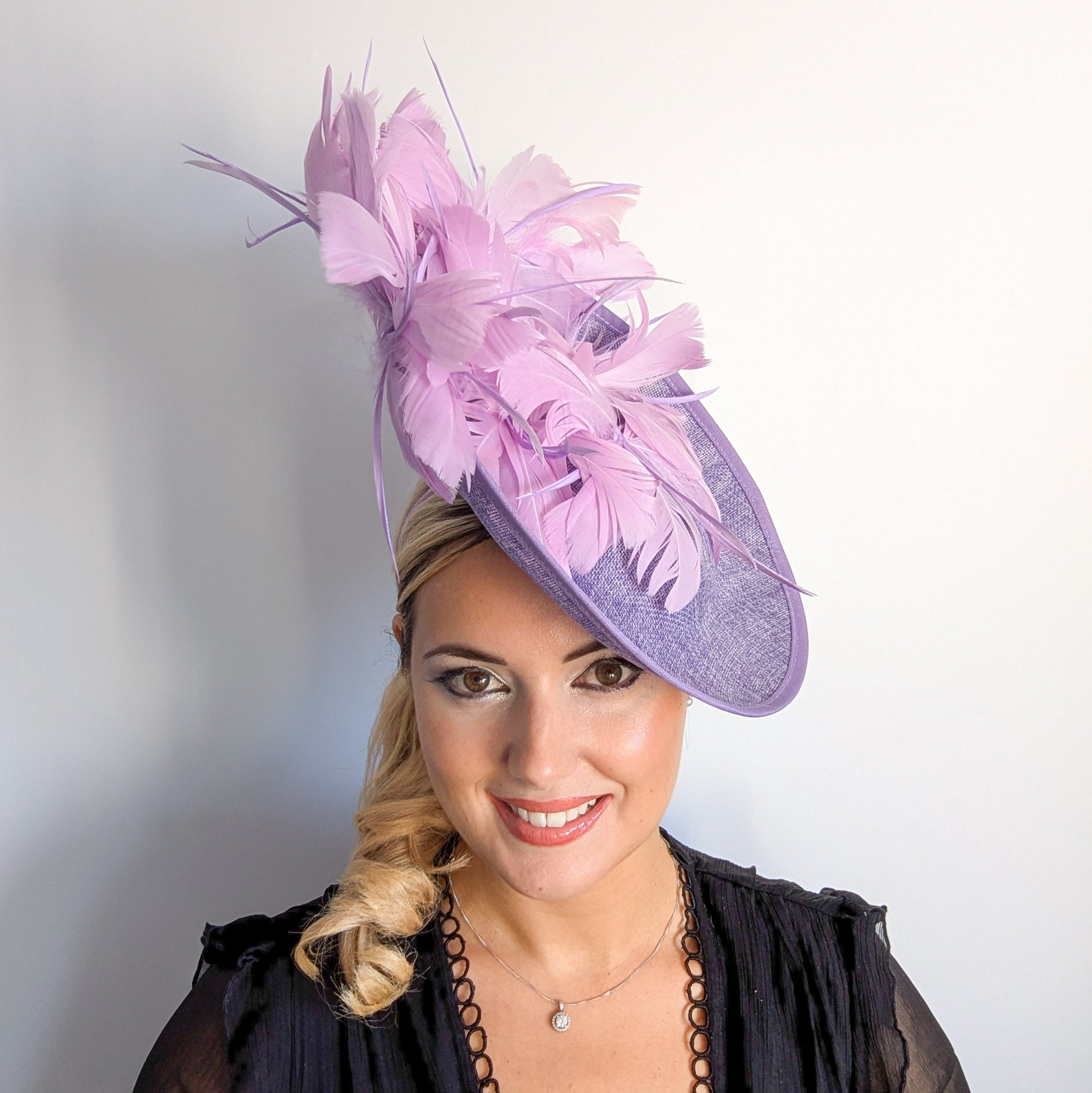 Lavender purple and lilac feather large saucer disc fascinator hat