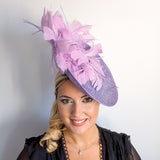 Lavender purple and lilac feather large saucer disc fascinator hat