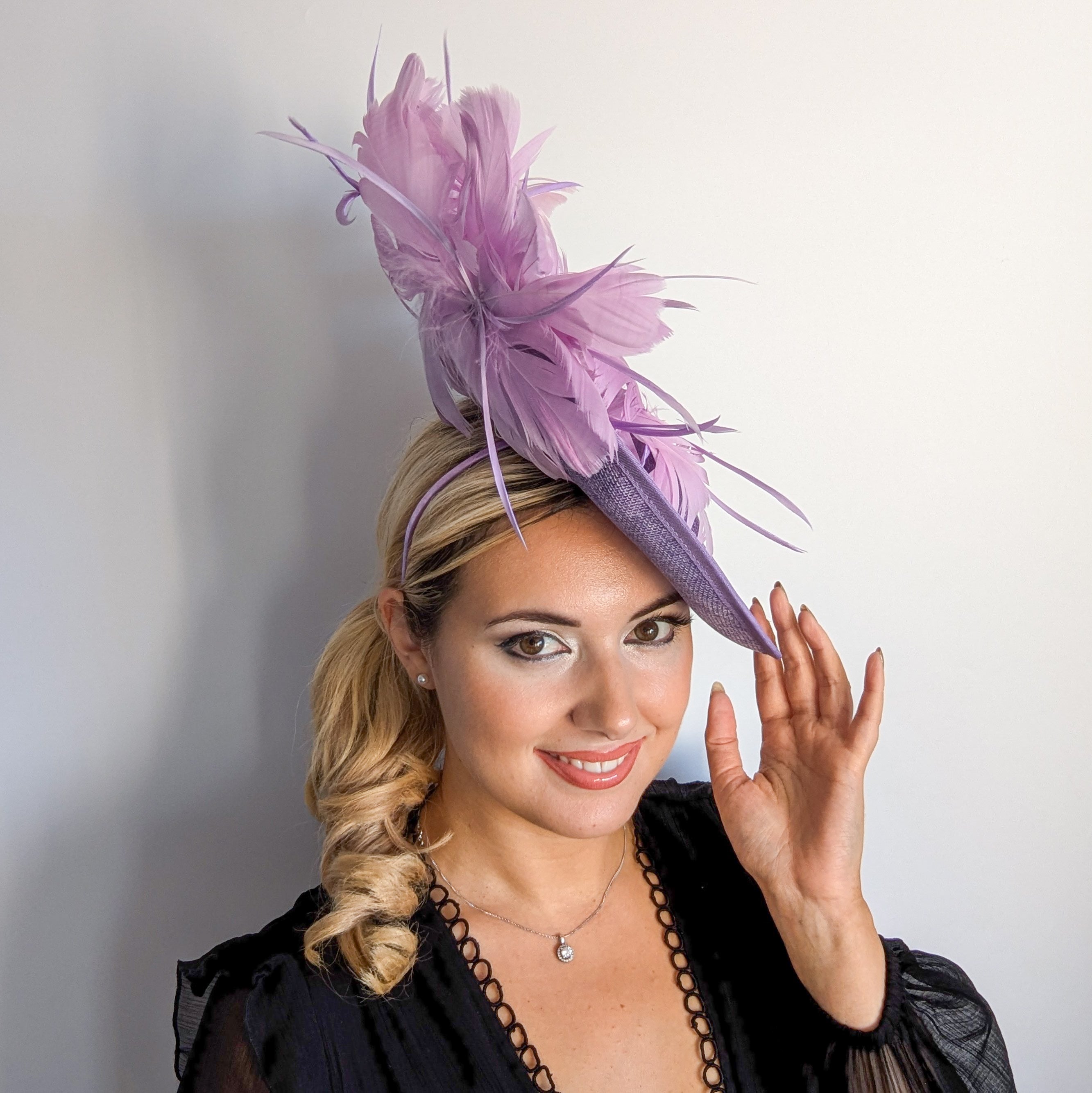 Lavender purple and lilac feather large saucer disc fascinator hat