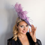 Lavender purple and lilac feather large saucer disc fascinator hat
