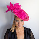 Fuchsia pink large feather saucer disc fascinator hat