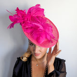 Fuchsia pink large feather saucer disc fascinator hat