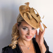 Caramel feather fascinator disc saucer hat