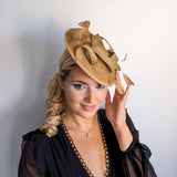 Caramel feather fascinator disc saucer hat
