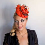 Orange brown feather fascinator disc saucer hat