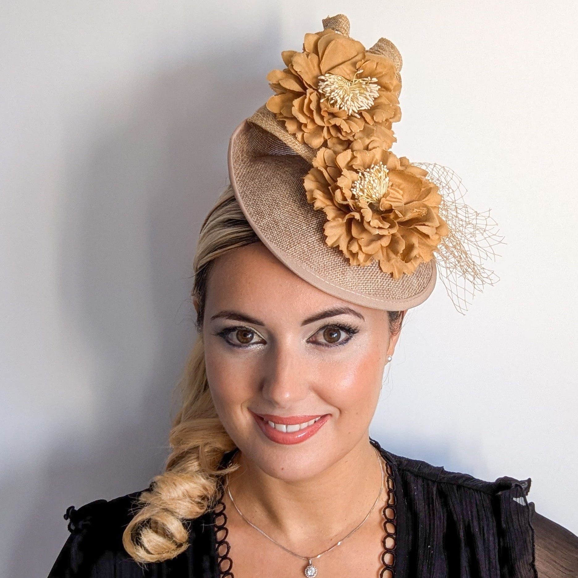 Caramel beige flower fascinator disc saucer hat