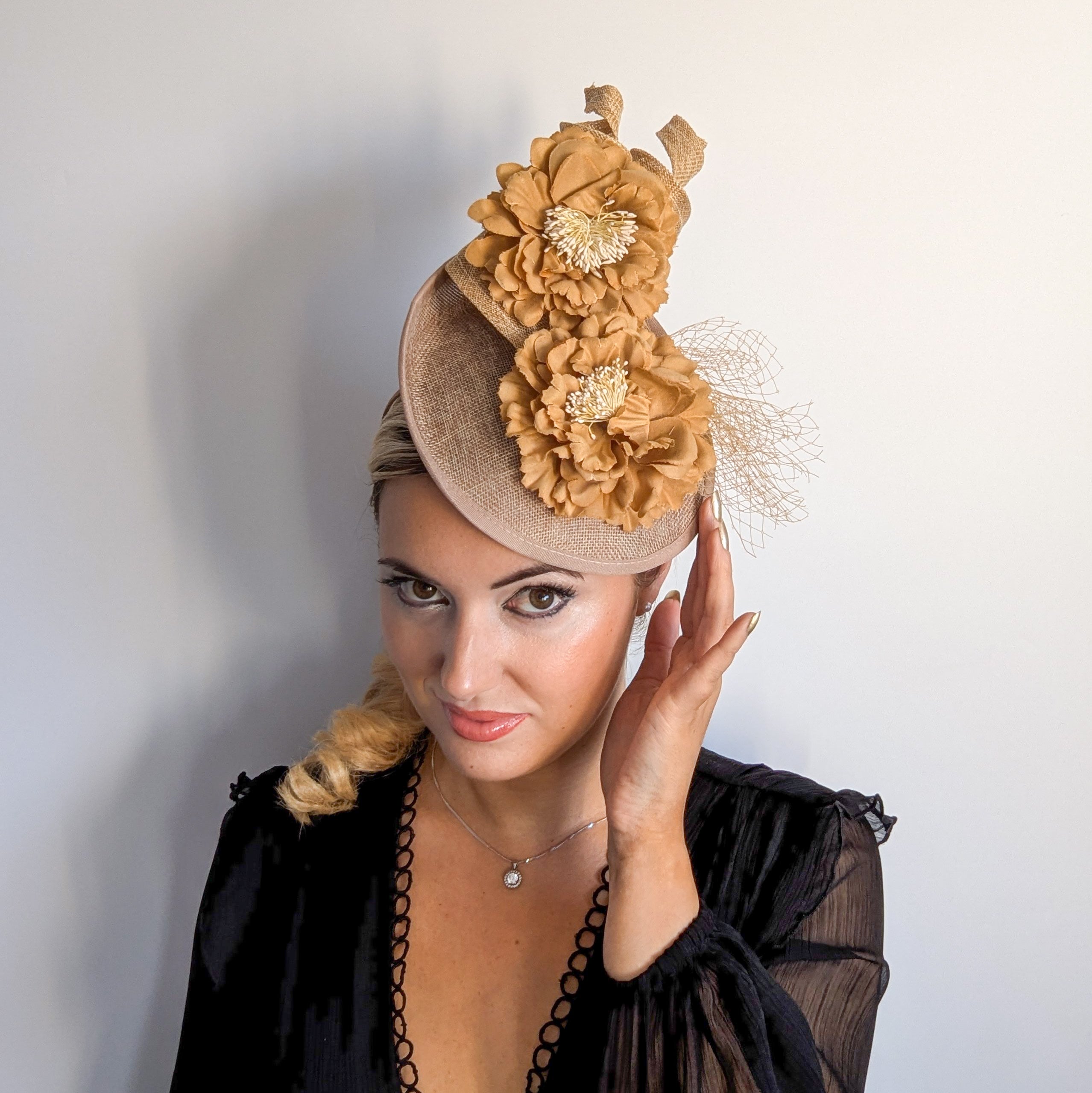 Caramel beige flower fascinator disc saucer hat