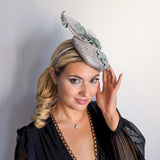Aquamarine grey blue flower fascinator hat