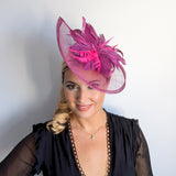 Magenta pink feather large teardrop fascinator hat