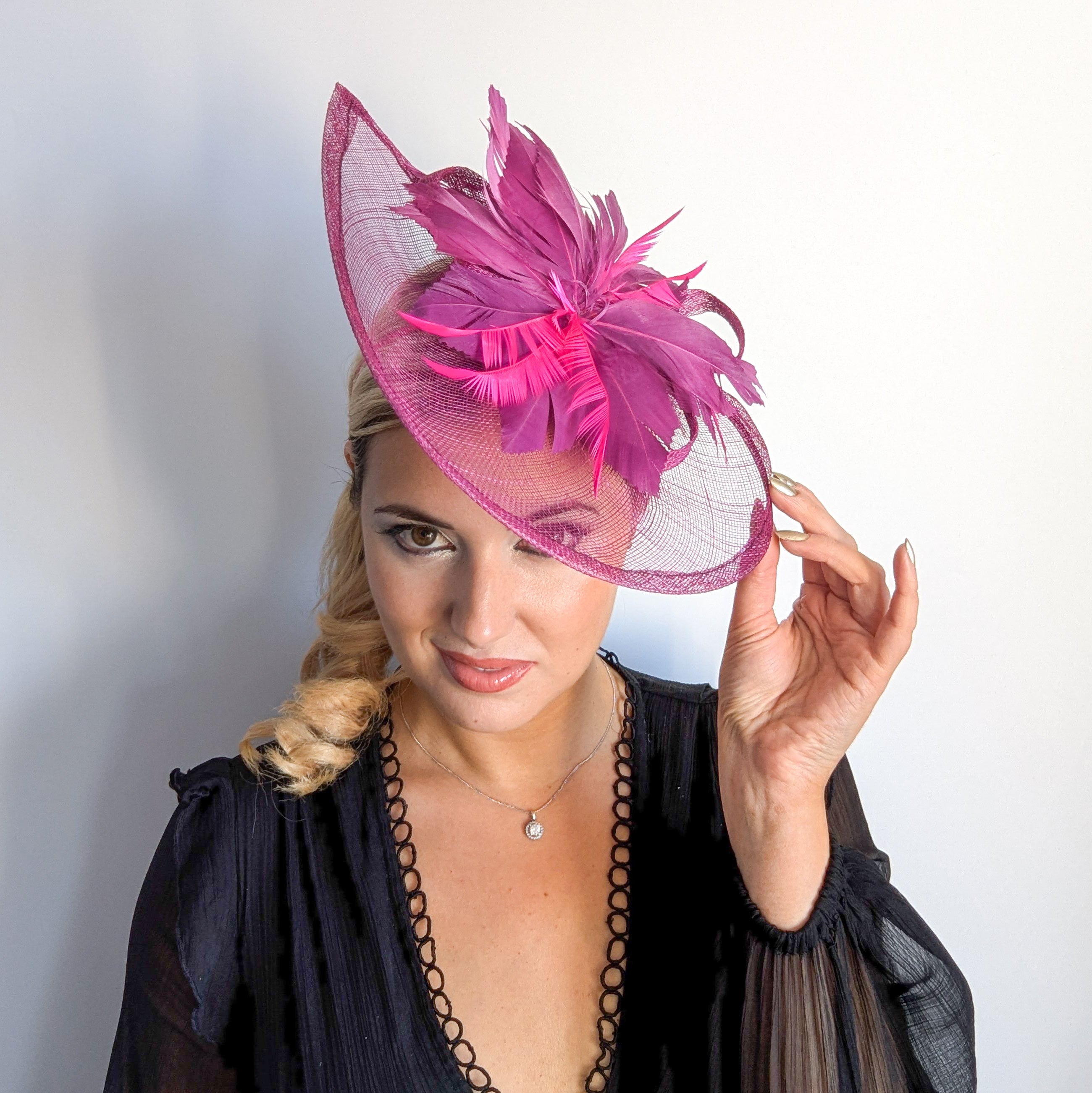 Magenta pink feather large teardrop fascinator hat