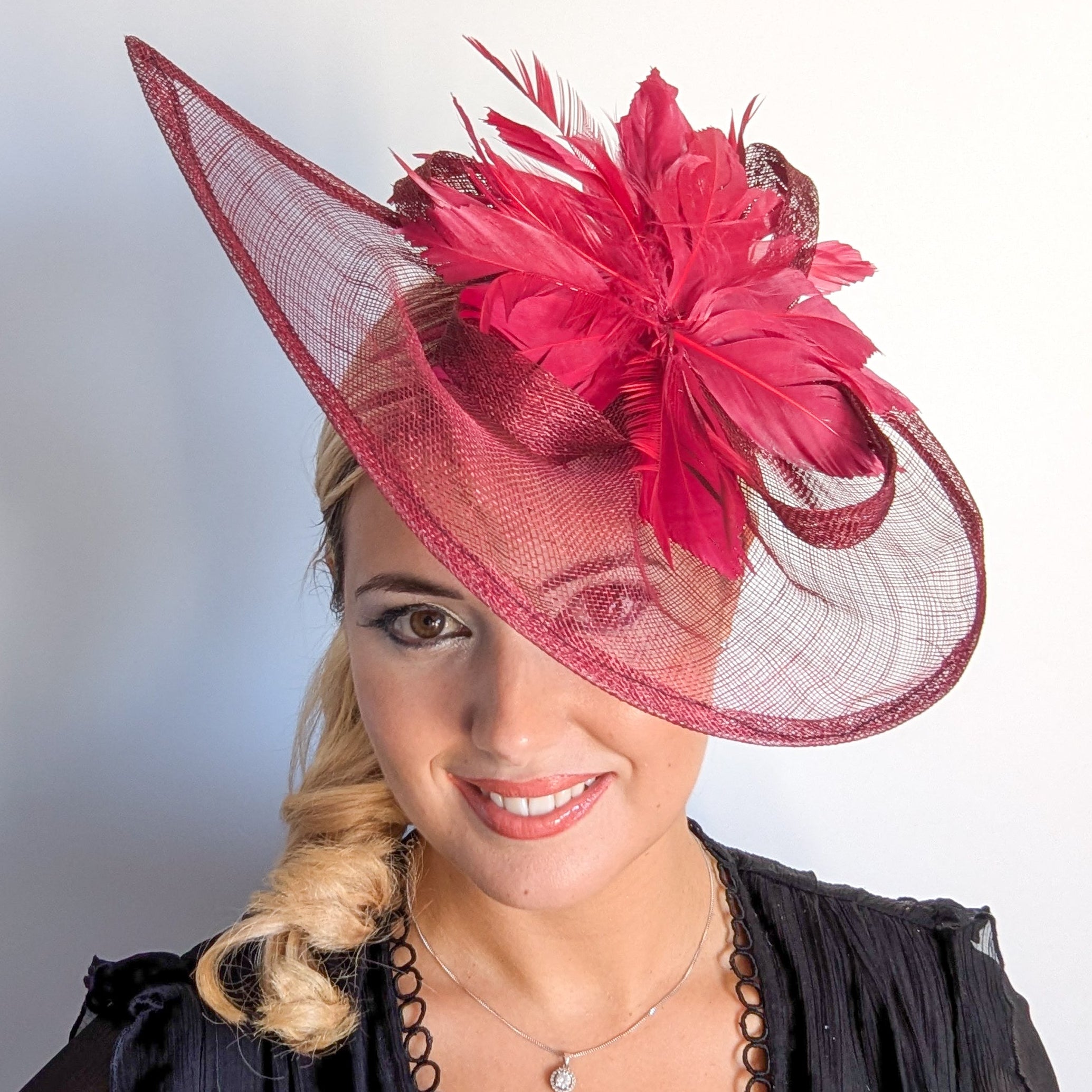 Burgundy feather large teardrop fascinator hat