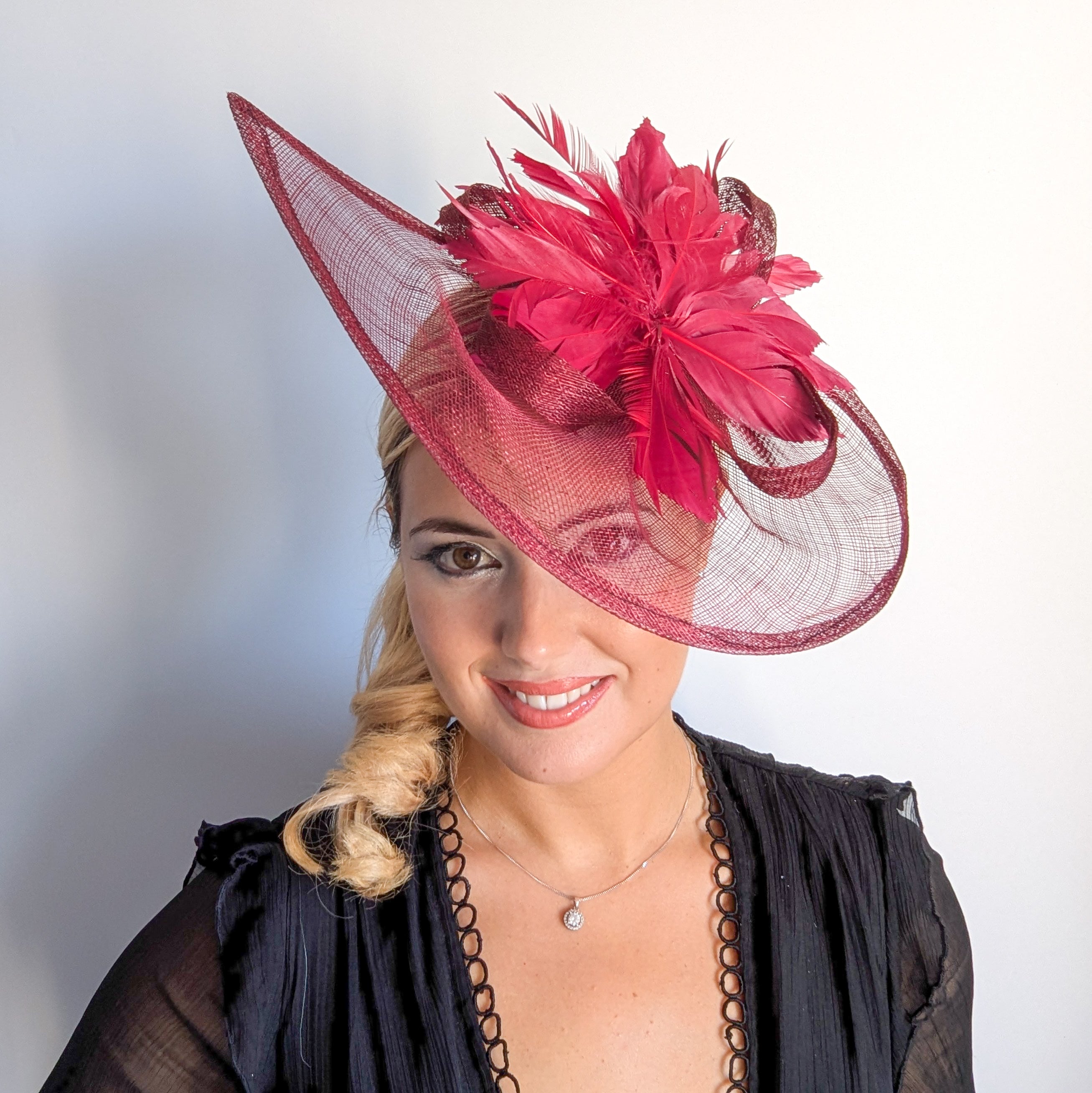 Burgundy feather large teardrop fascinator hat