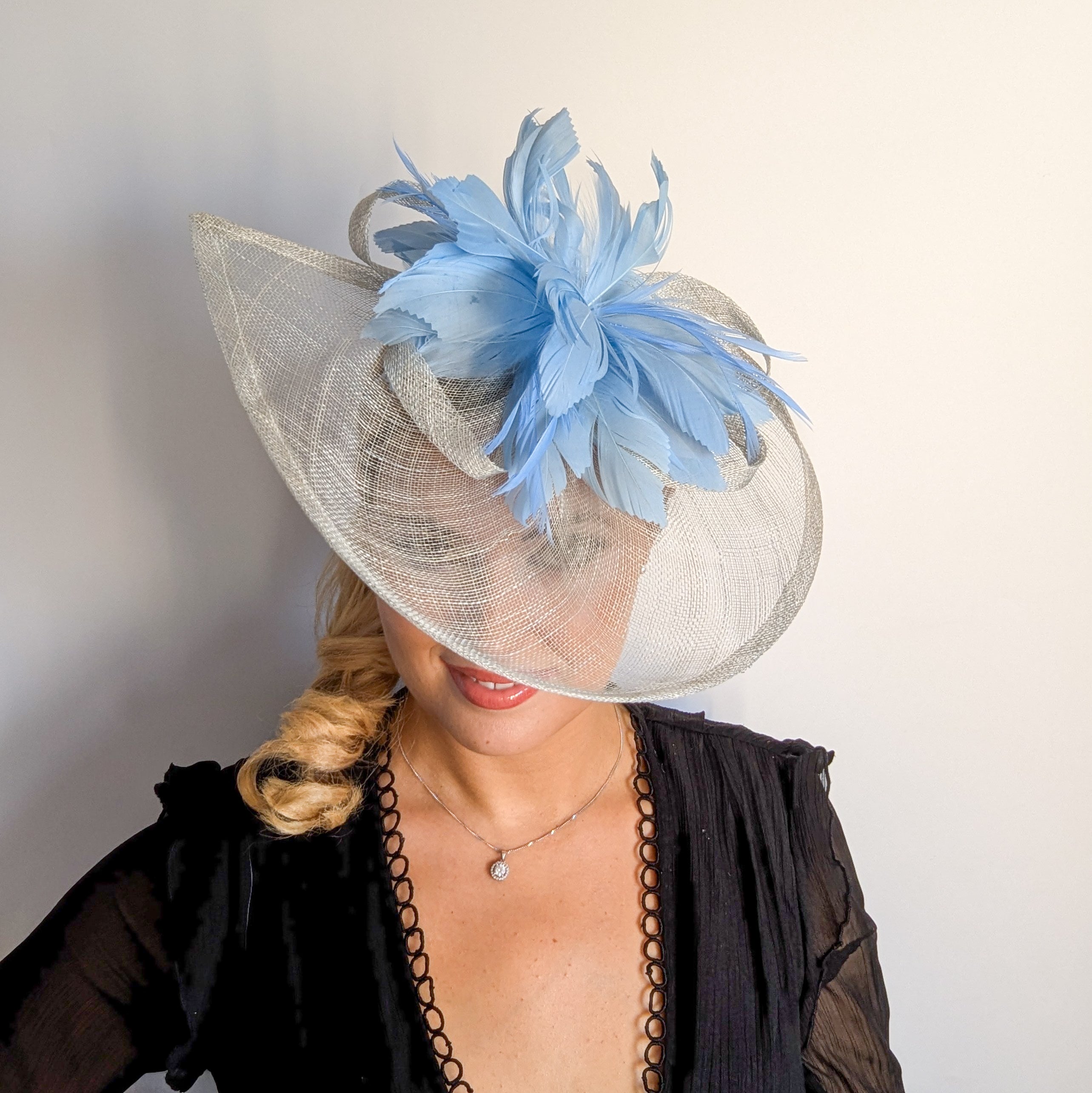 Aquamarine blue feather large teardrop fascinator hat