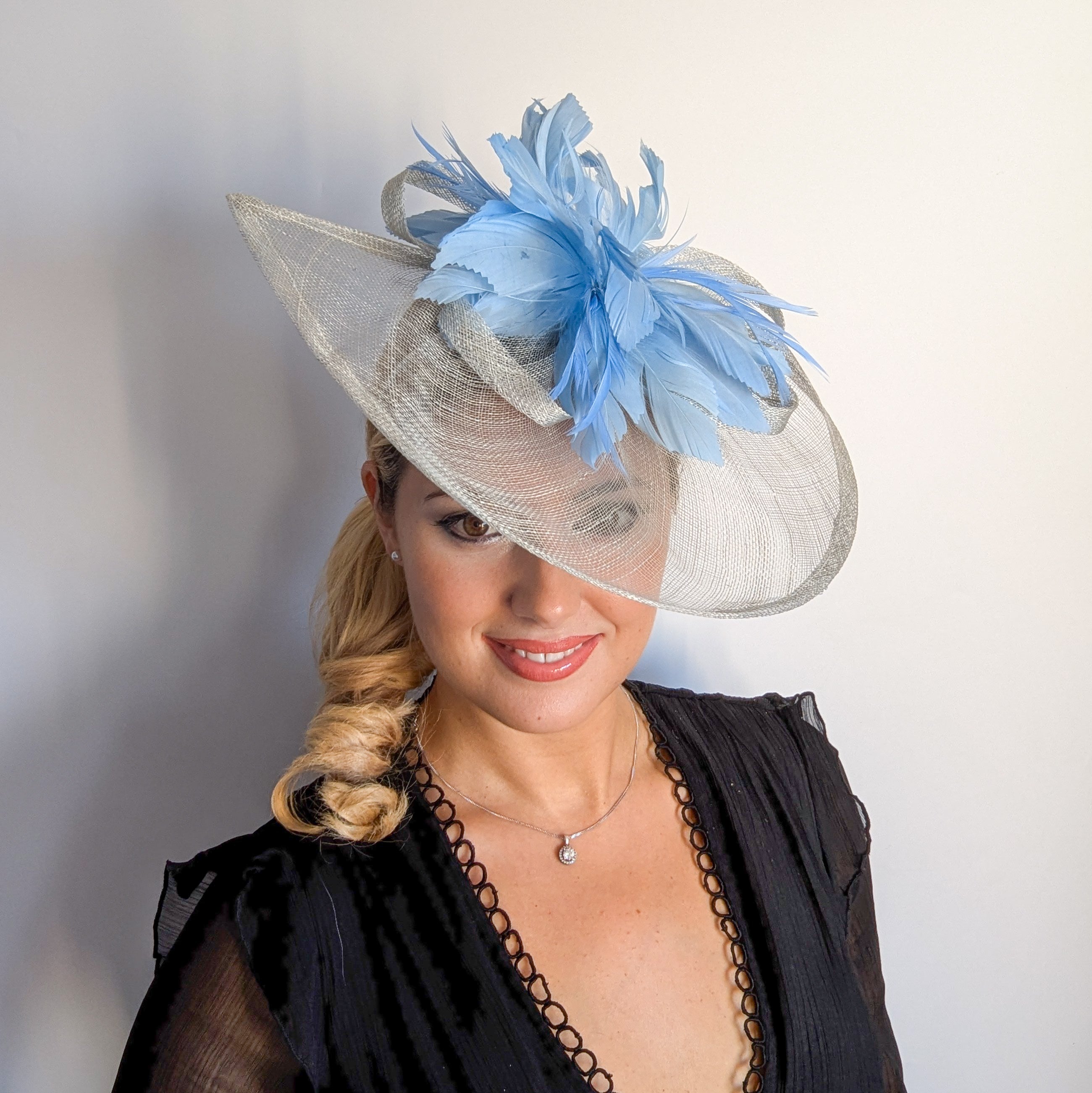 Aquamarine blue feather large teardrop fascinator hat