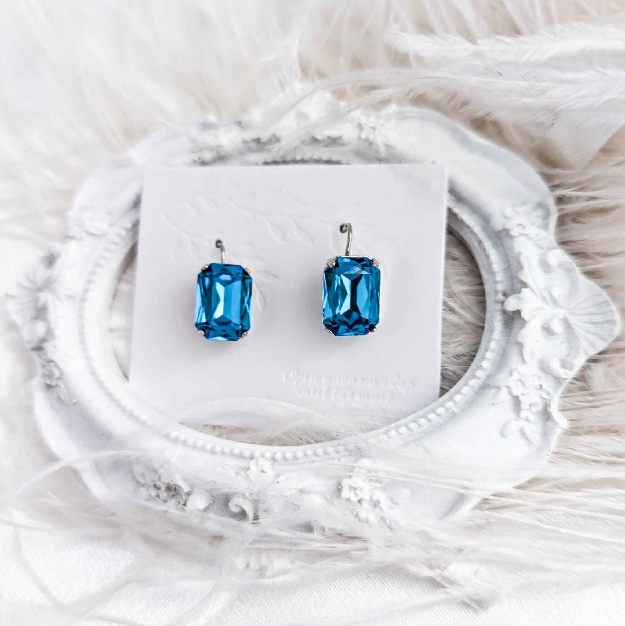 Aqua blue crystal silver emerald cut drop earrings - House of Hats