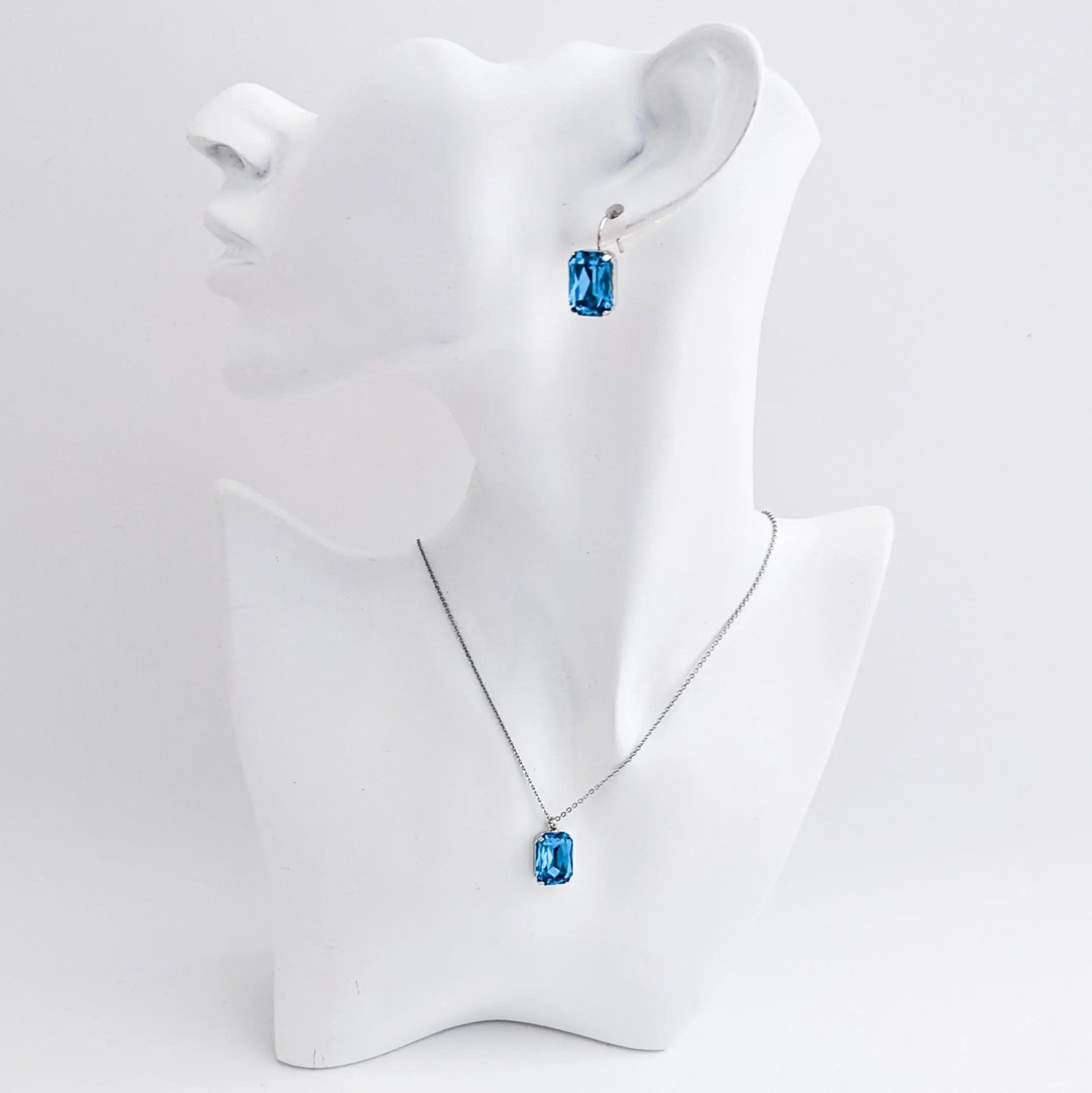 Aqua blue crystal silver emerald cut drop earrings - House of Hats