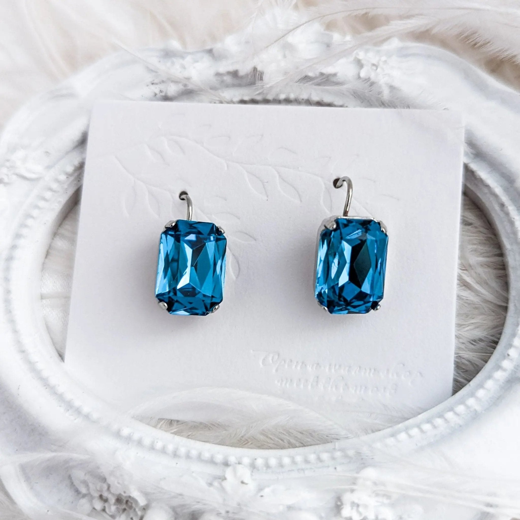 Aqua blue crystal silver emerald cut drop earrings - House of Hats