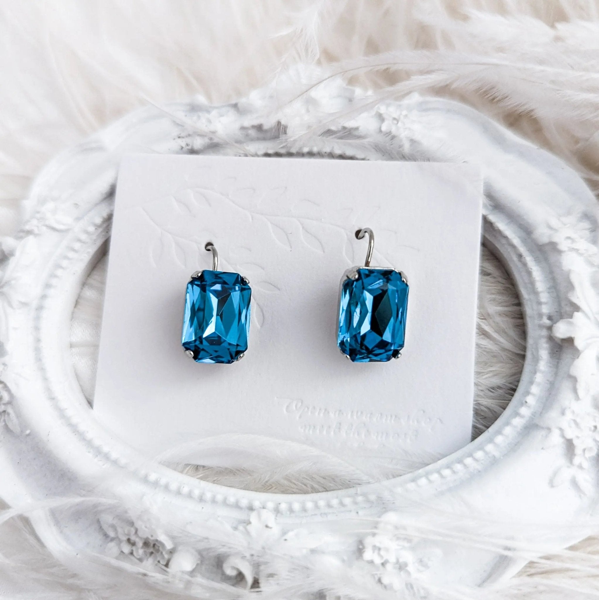 Aqua blue crystal silver emerald cut drop earrings - House of Hats