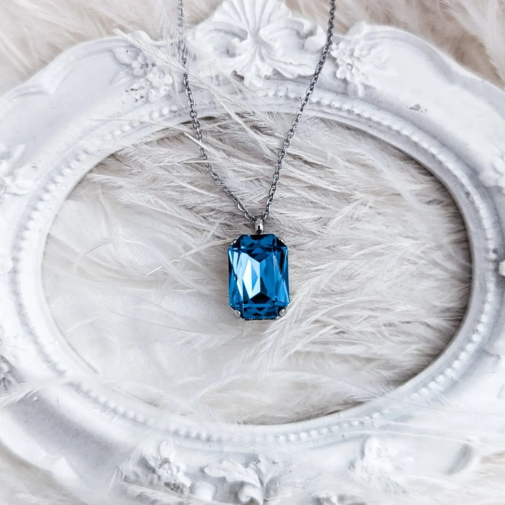 Aqua blue crystal silver emerald cut necklace - House of Hats