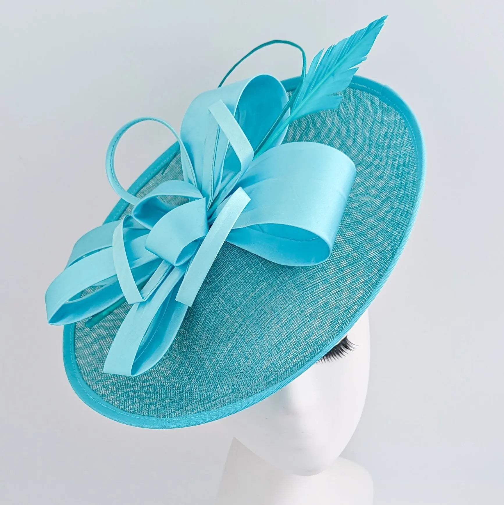 Aqua sky blue feather large saucer disc fascinator hat - House of Hats