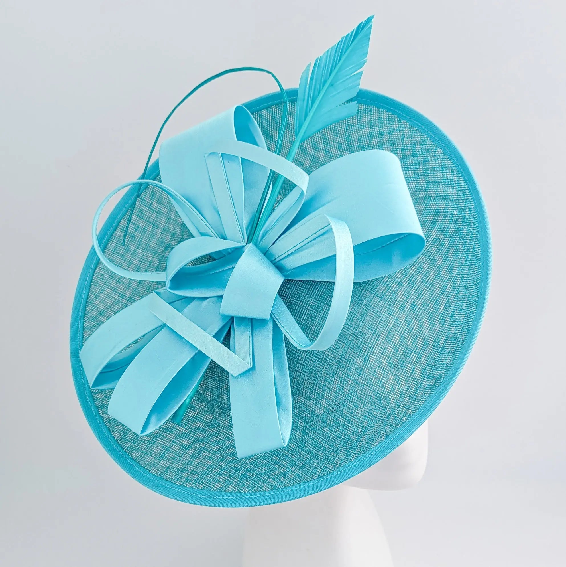 Aqua sky blue feather large saucer disc fascinator hat - House of Hats