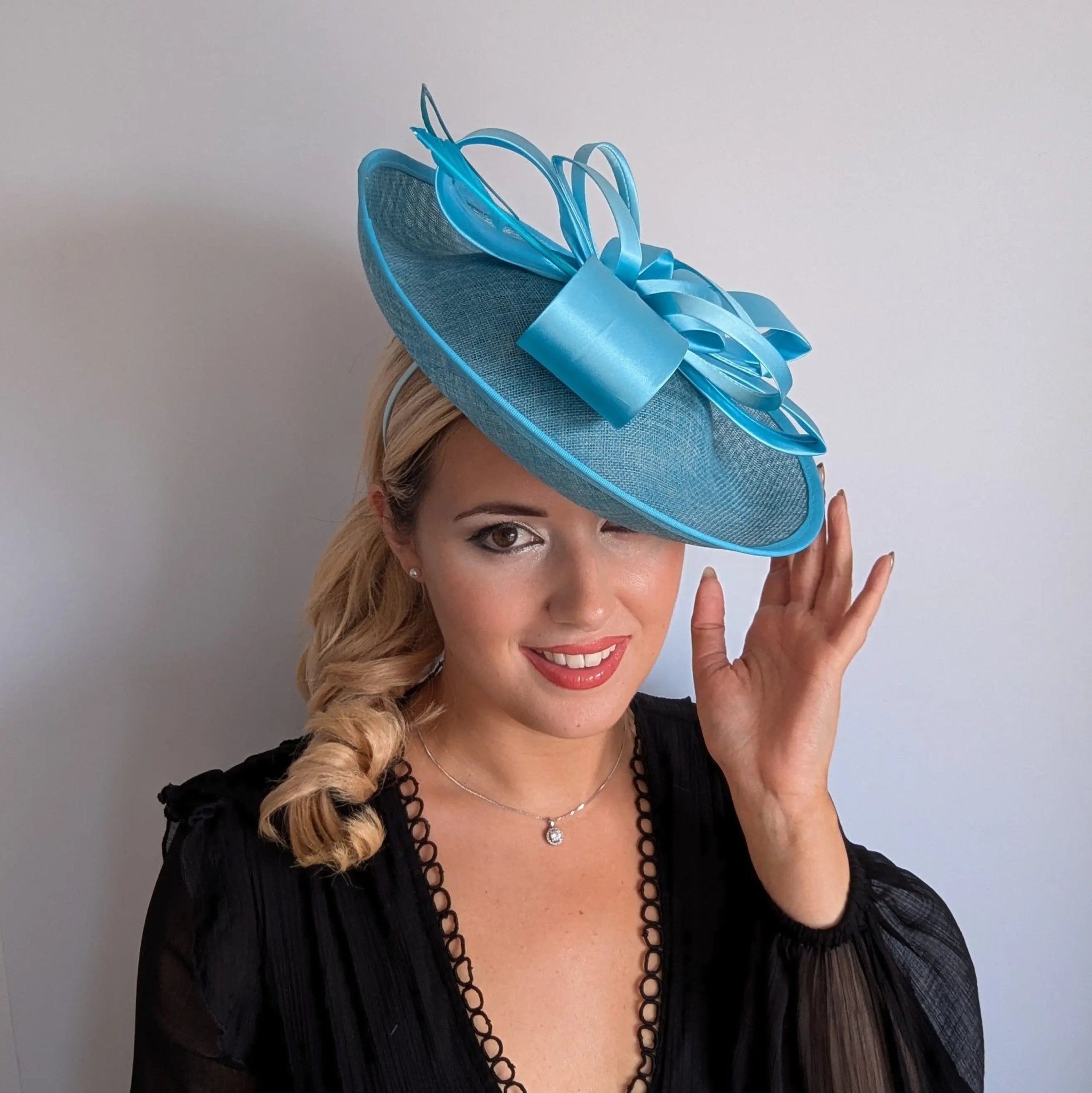 Aqua sky blue feather large saucer disc fascinator hat - House of Hats