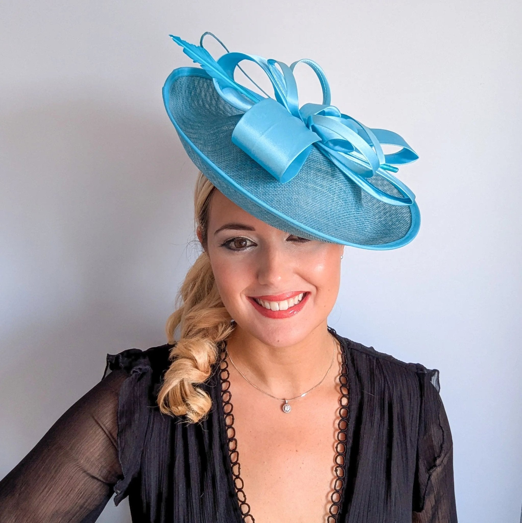 Aqua sky blue feather large saucer disc fascinator hat - House of Hats