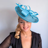 Aqua sky blue feather large saucer disc fascinator hat - House of Hats