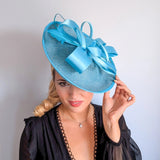 Aqua sky blue feather large saucer disc fascinator hat - House of Hats