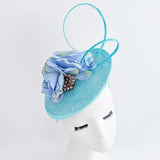 Aqua sky blue flower disc saucer fascinator hat - House of Hats
