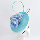 Aqua sky blue flower disc saucer fascinator hat - House of Hats