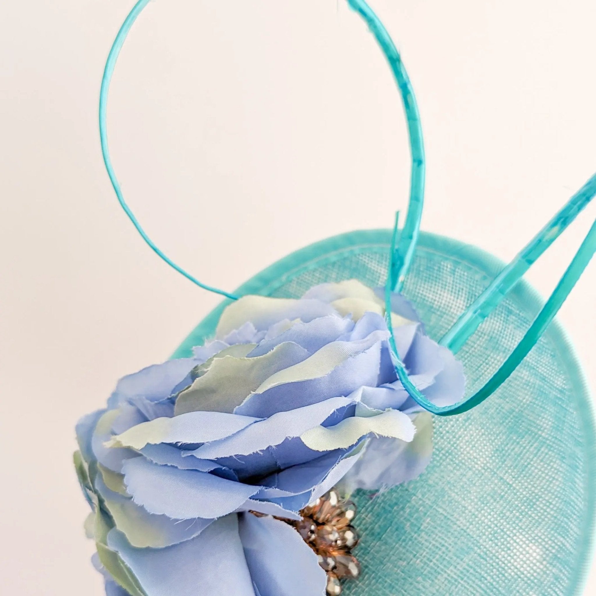 Aqua sky blue flower disc saucer fascinator hat - House of Hats