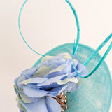 Aqua sky blue flower disc saucer fascinator hat - House of Hats