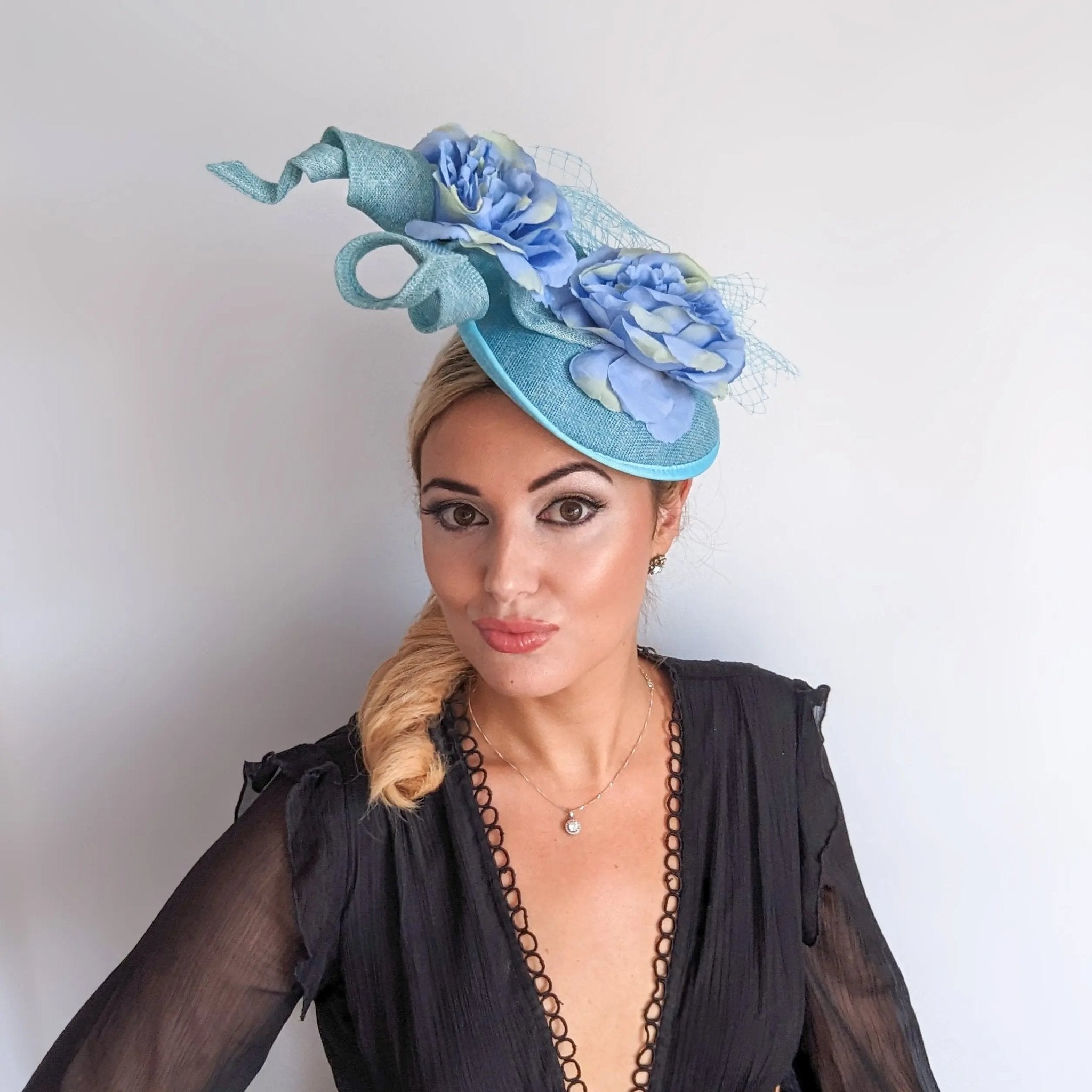 Aqua sky blue flower fascinator disc saucer hat - House of Hats