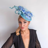 Aqua sky blue flower fascinator disc saucer hat - House of Hats