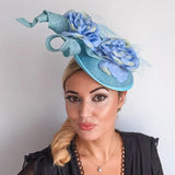 Aqua sky blue flower fascinator disc saucer hat - House of Hats