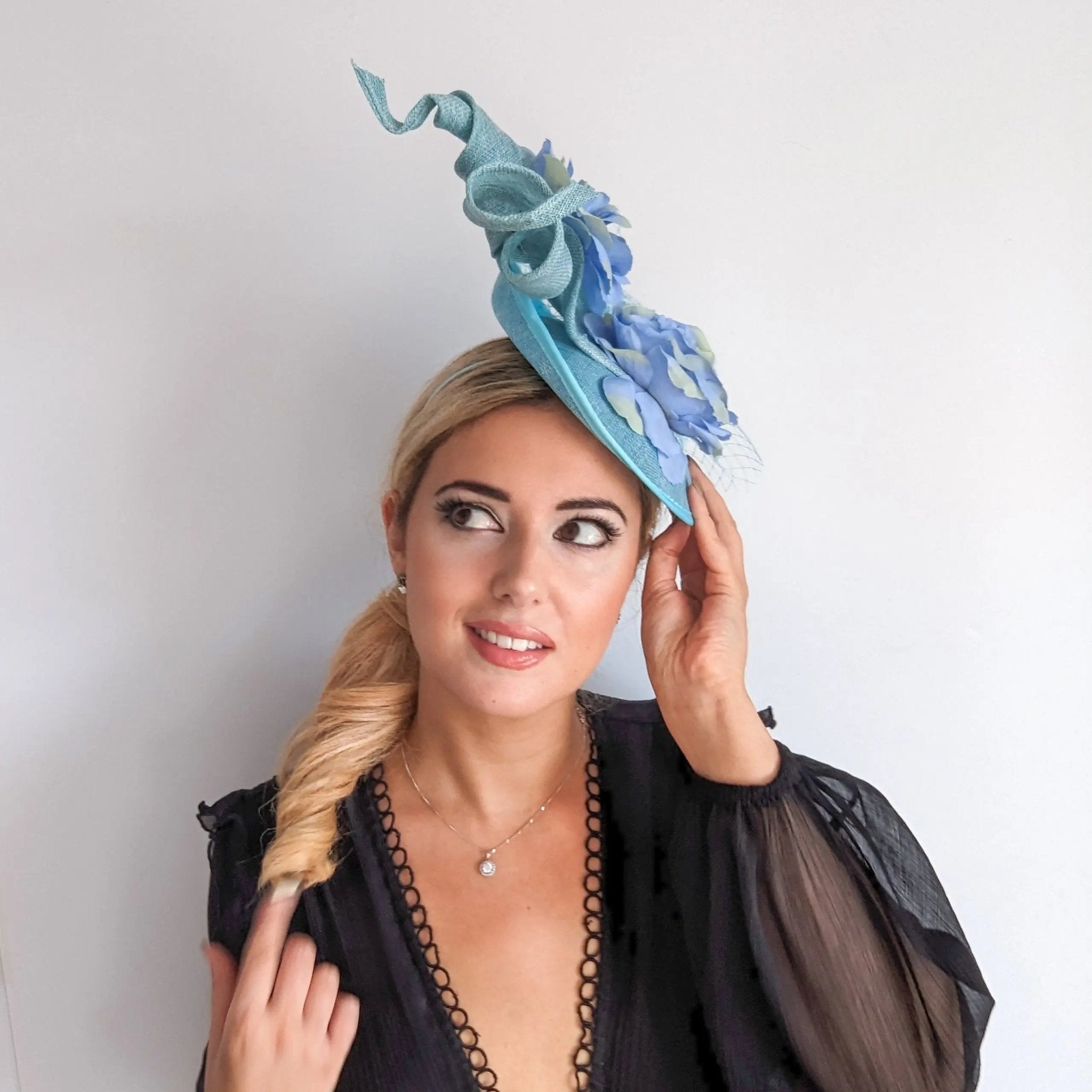 Aqua sky blue flower fascinator disc saucer hat - House of Hats