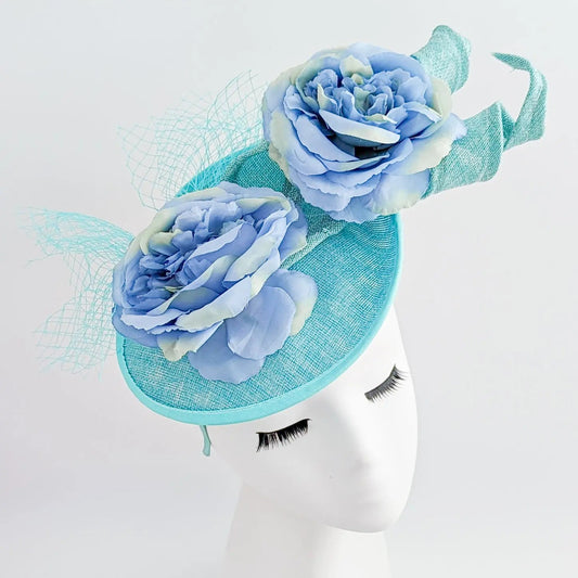 Aqua sky blue flower fascinator disc saucer hat - House of Hats